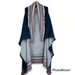Marc New York Blue Long Line Aztec Blanket Open Front Sweater Fringe Shaw